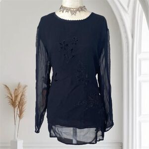 Petite Sophisticate Whimsygoth Black Mesh Velvet Floral Beaded Blouse Top L